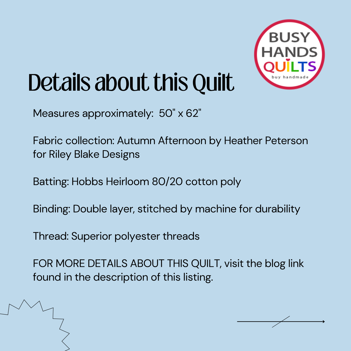 A light blue graphic with text detailing a quilt, including dimensions, fabric collection, batting, binding, and thread. A circular 'Busy Hands Quilts' logo appears in the top right, and the title 'Details about this Quilt' is shown at the top left.