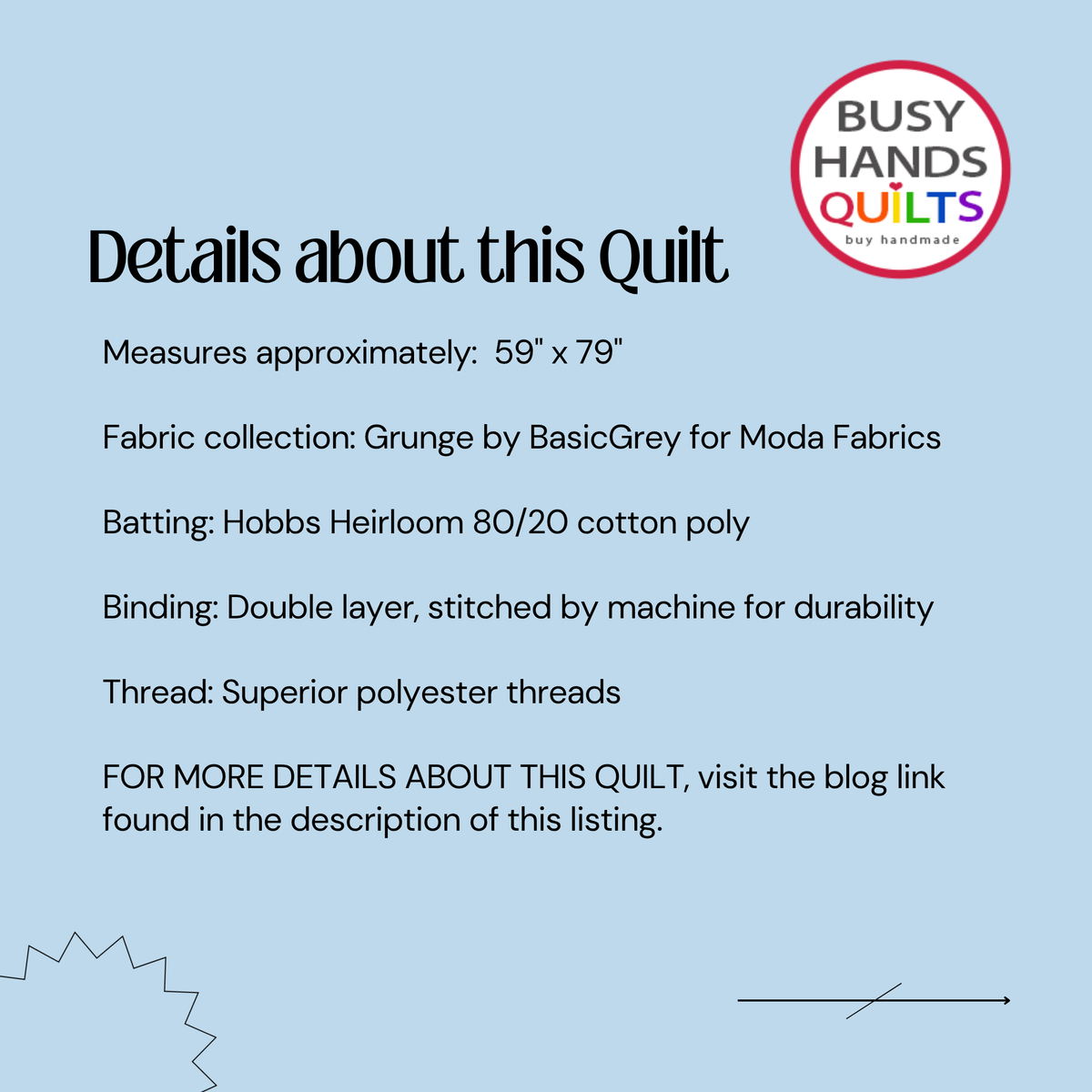 A light blue graphic with text detailing the measurements and fabric information of a quilt by Busy Hands Quilts. The text reads: 'Details about this Quilt' followed by measurements, fabric collection, batting, binding, and thread details.