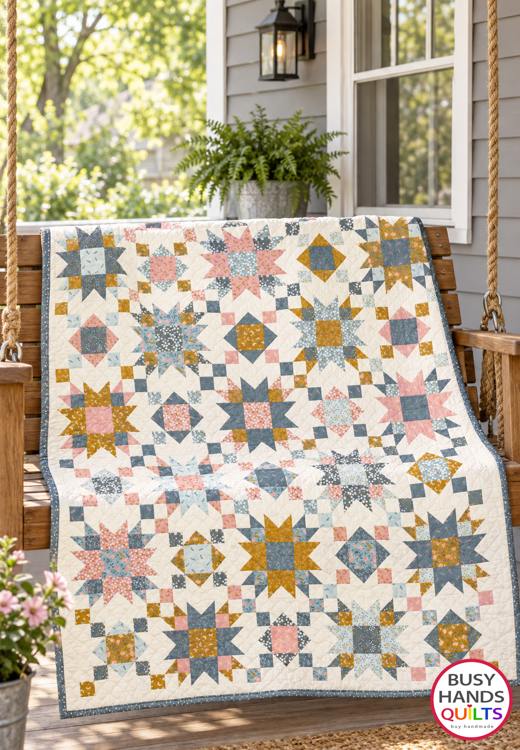 A Summer on the Porch throw size quilt with star and chain quilt blocks draped over a porch swing in Petal and Hazel fabrics by Riley Blake Designs, gold, gray, pink, mauve, creamy white