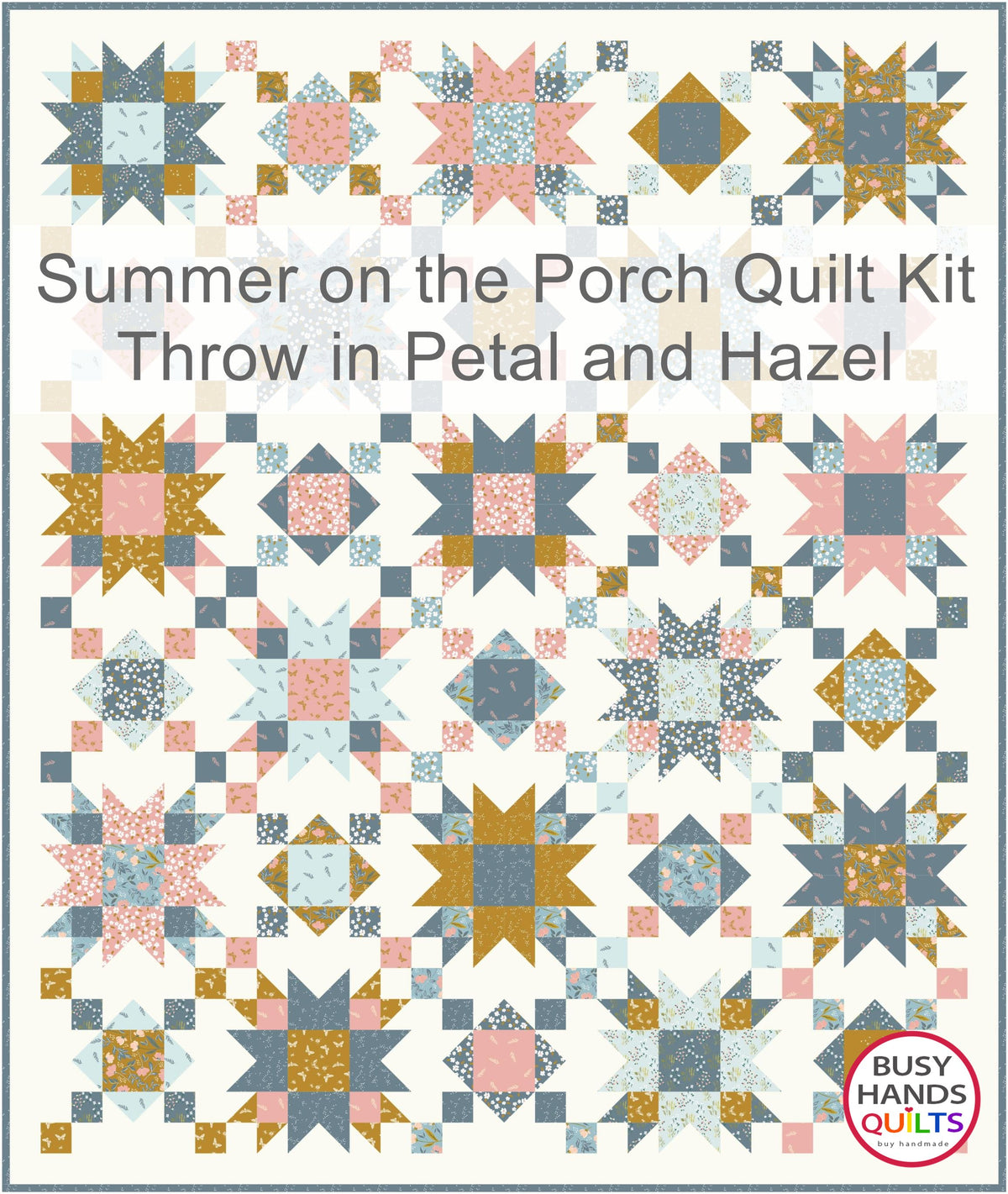 Mockup of a Summer on the Porch throw size quilt with star and chain quilt blocks in Petal and Hazel by Riley Blake Designs, gold, gray, pink, mauve, creamy white