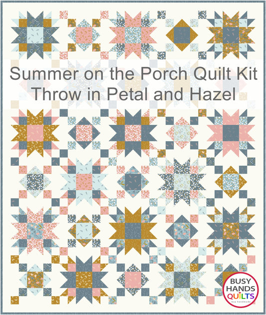Mockup of a Summer on the Porch throw size quilt with star and chain quilt blocks in Petal and Hazel by Riley Blake Designs, gold, gray, pink, mauve, creamy white