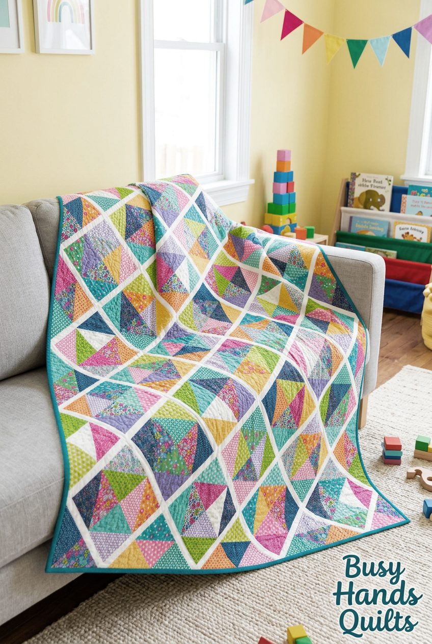 Sunshine throw patchwork quilt in purple, blue, aqua, yellow, green, orange, and pink on a sofa, pattern by Busy Hands Quilts