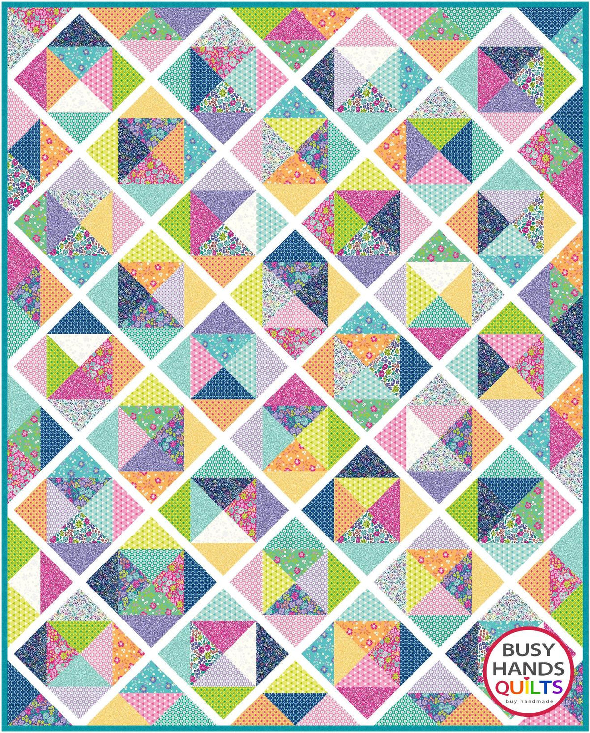 Sunshine throw patchwork quilt in purple, blue, aqua, yellow, green, orange, and pink on a sofa, pattern by Busy Hands Quilts