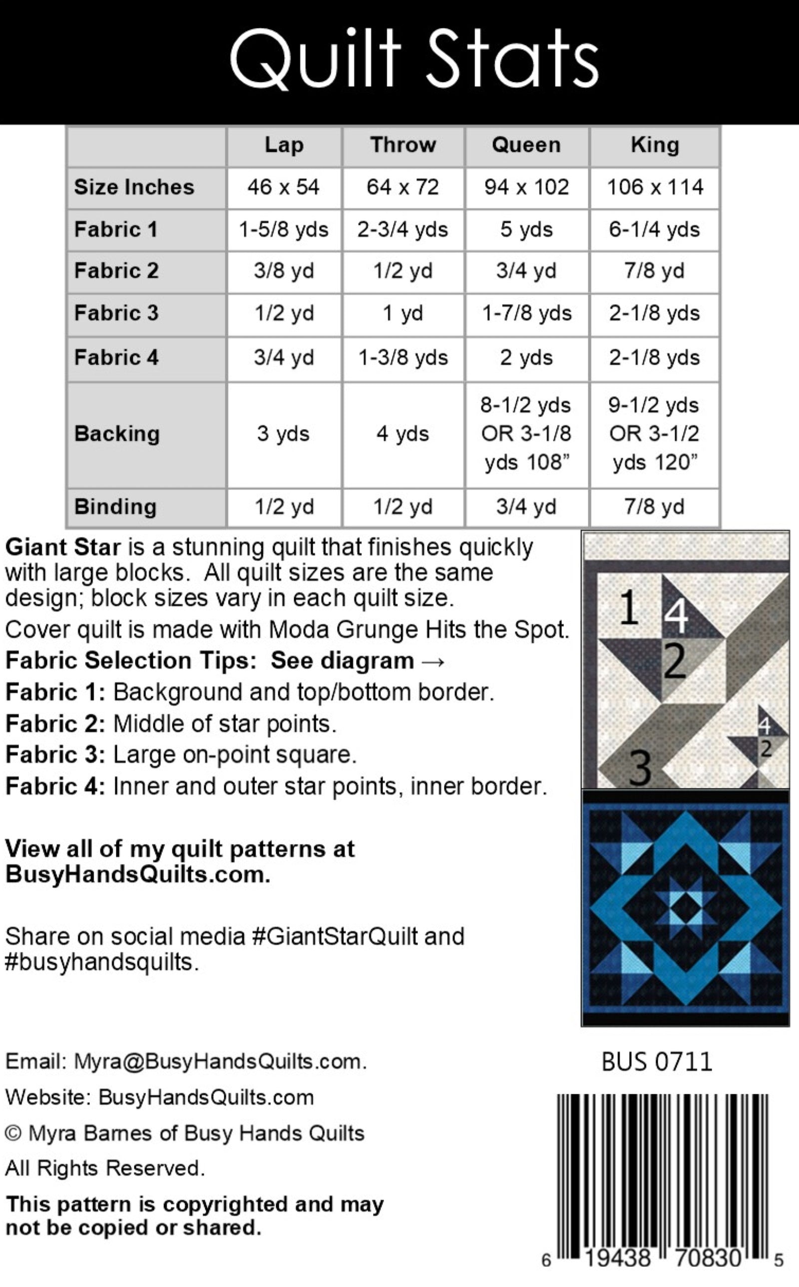 Giant Star Quilt Pattern PRINTED Busy Hands Quilts {$price}