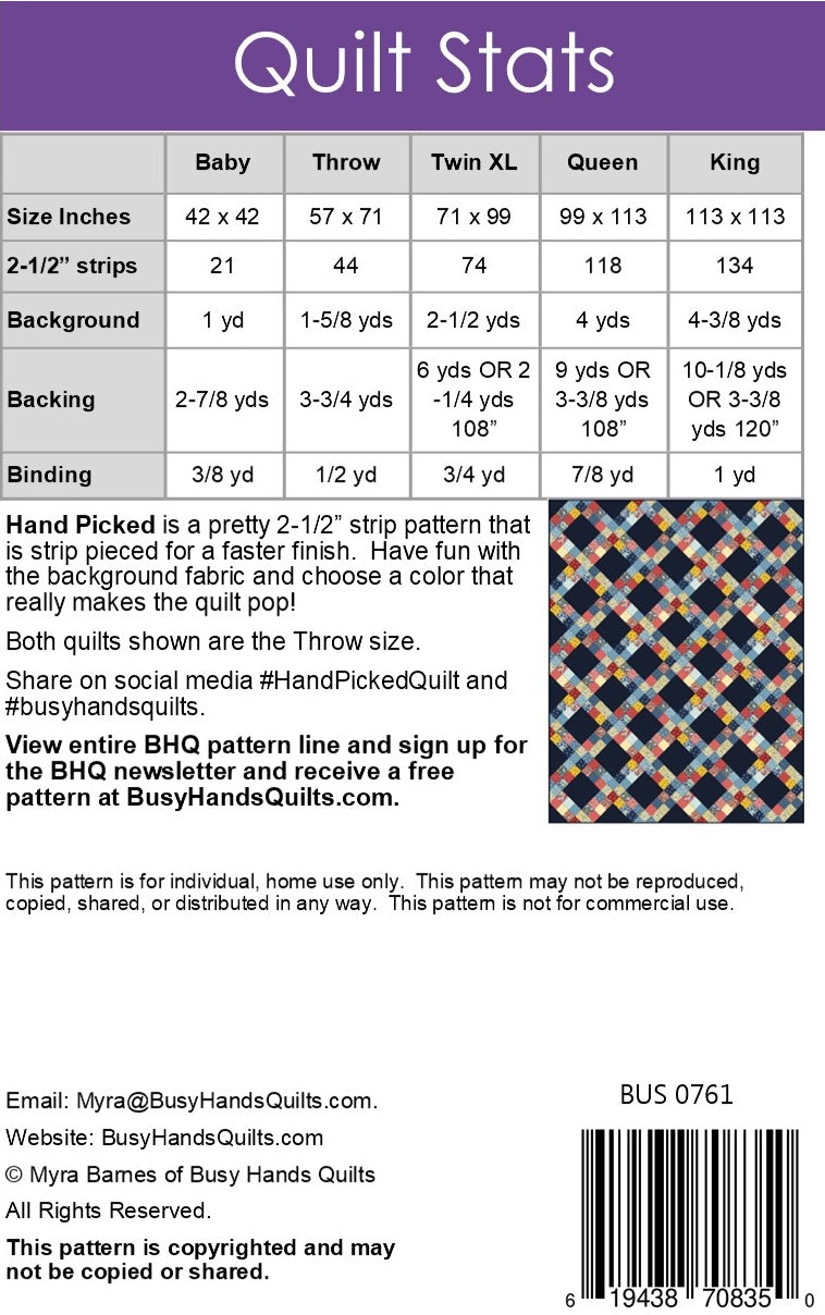 Hand Picked Quilt Pattern PDF DOWNLOAD Busy Hands Quilts $12.99