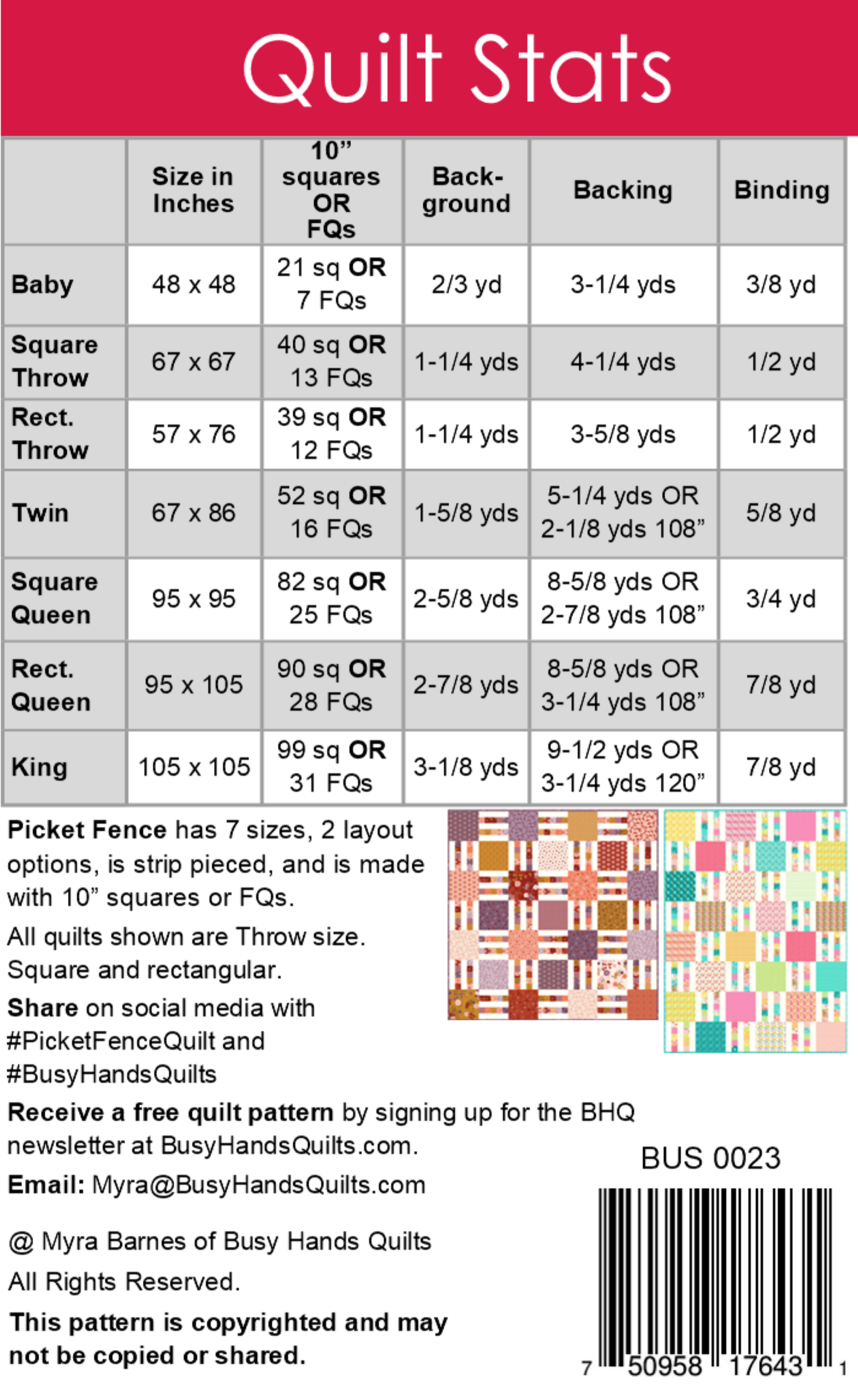 Picket Fence Quilt Pattern PRINTED