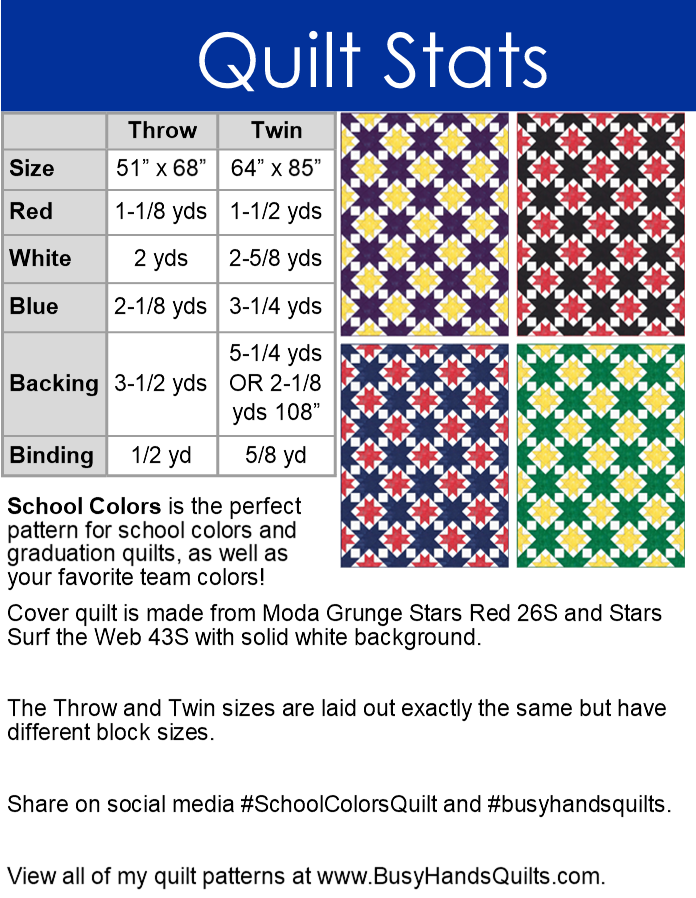 School Colors Quilt Pattern PDF DOWNLOAD Busy Hands Quilts $12.99